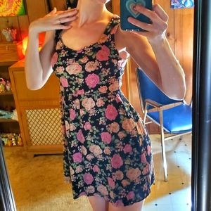 Pink roses floral black sundress skater dress